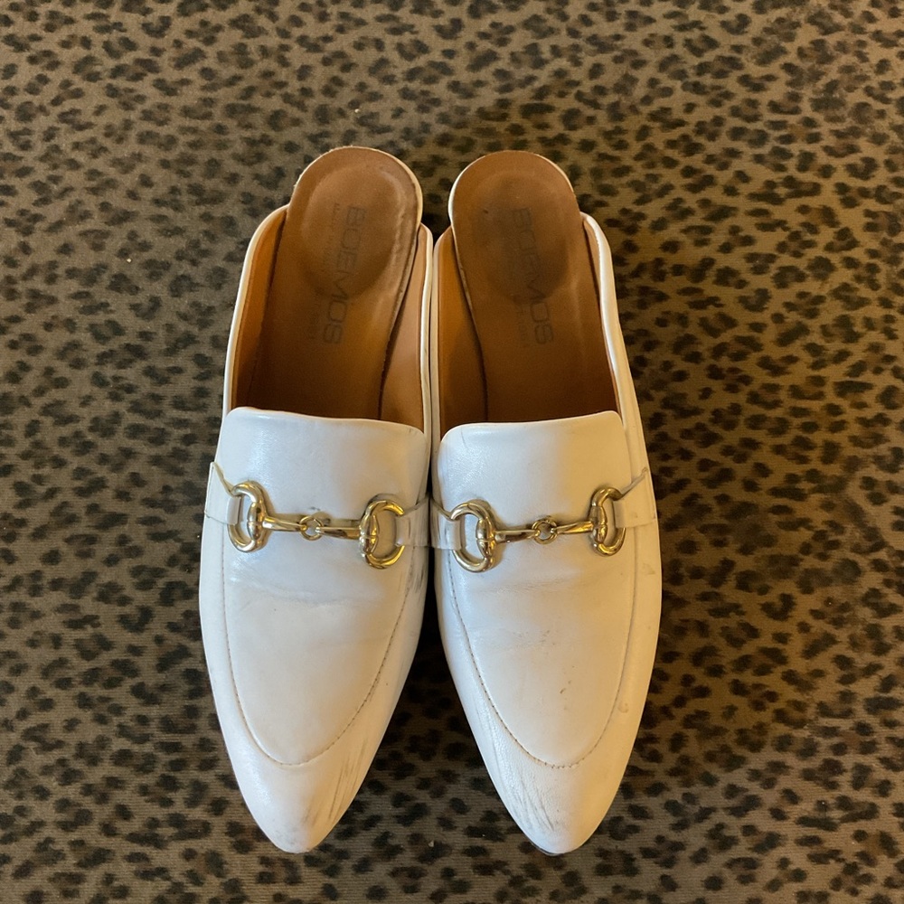 BOEMOS White Leather Slip-On Mules with Gold Horsebit Accent